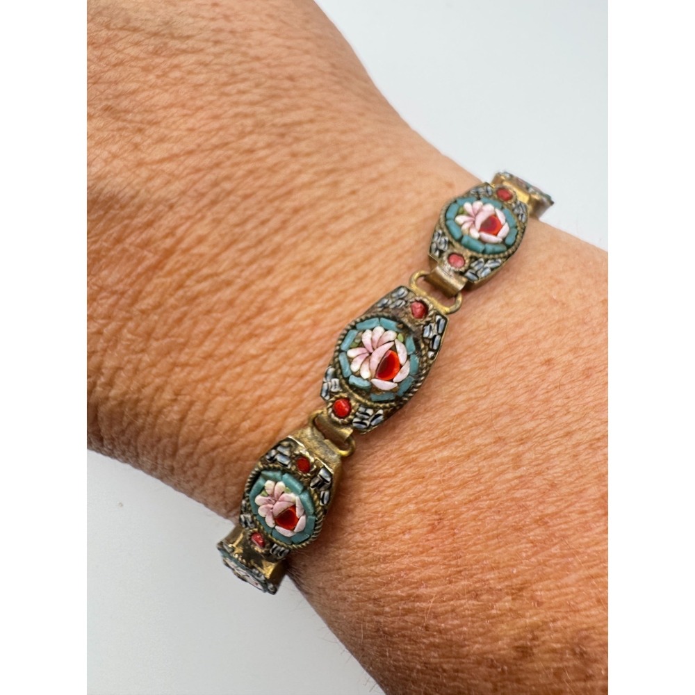 Vintage Micro Mosaic Bracelet 1950s Italian Floral Link Italy Mini